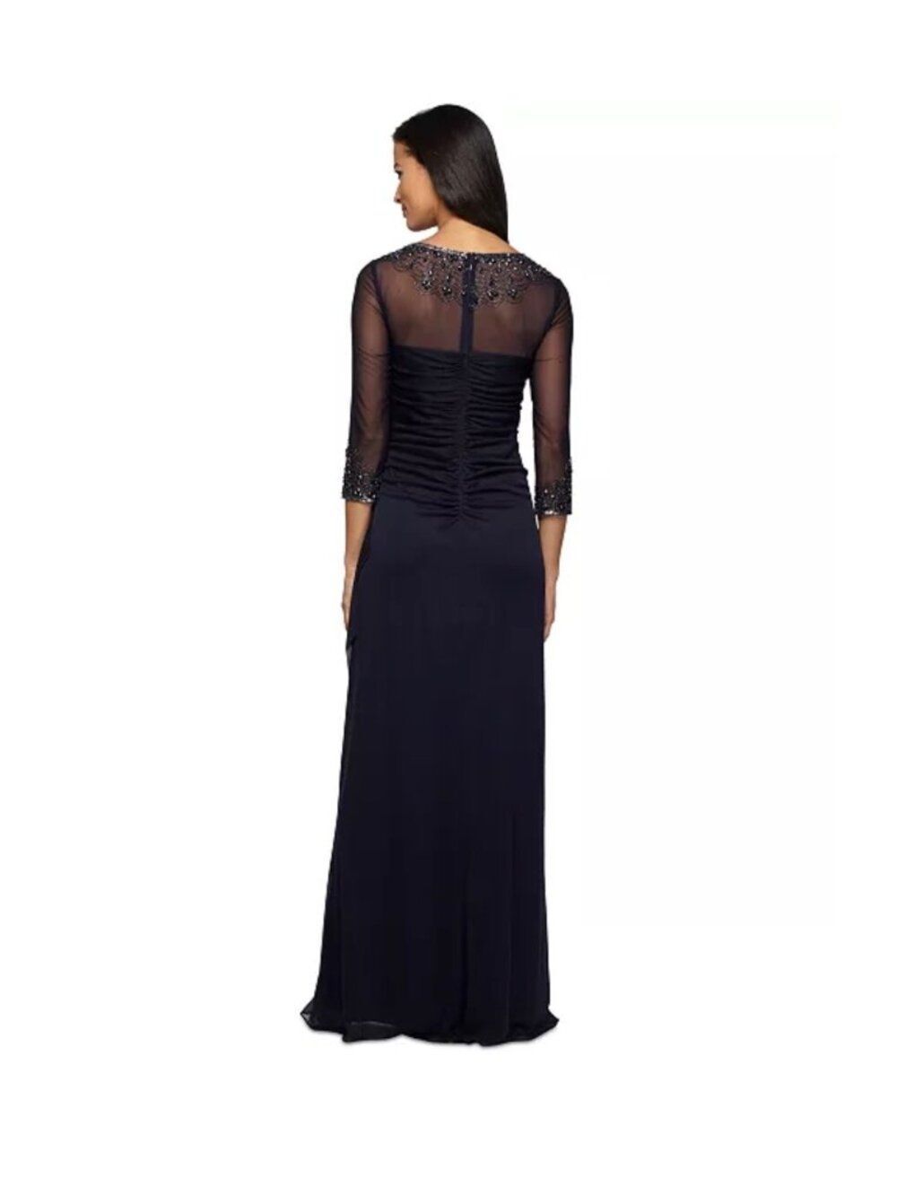 Alex Evening Illusion Beaded Navy Ruched Dress Size 12P - Picture 2 of 12